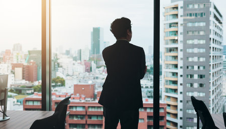 Back, thinking and businessman in office, glass and planning for investment, trader and buildings. Contemplating, opportunity and professional with ideas for finance, broker and person in Japanの写真素材