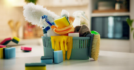 Sponge, product and home with basket, sanitary bottle and detergent for daily chores, gloves or...