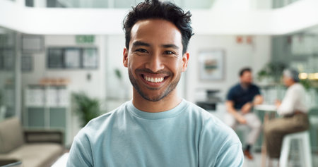 Smile, portrait and creative business man, employee and content writer coworking in startup office....
