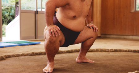 Dohyo, mawashi and legs of Sumo wrestler closeup for martial arts competition or tournament in Japan. Fitness, power and strength with person in arena or ring for culture, heritage or national prideの写真素材