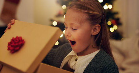 Happy, surprise and child with gift on Christmas for festive holiday, celebration and present at home. Excited, shocked and little girl with box in living room for December, tradition and gratitudeの写真素材