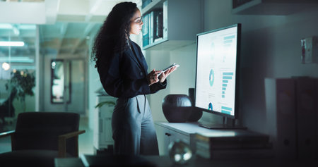 Data analysis, tablet and monitor with business woman in office for market research, deadline and...
