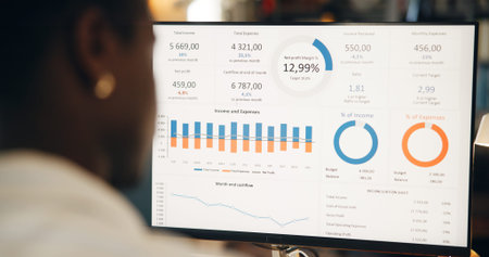 Computer screen, trading and back with charts, home and person for income, expenses or budget with...