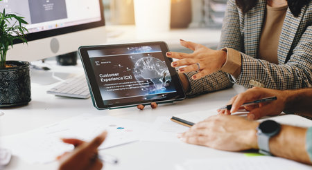 Business people, hands and tablet screen with UI for AI software or user friendly interface....