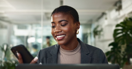 Happy, black woman or business with phone for communication, virtual banking or online finance at office. African, female person or accountant with smile on mobile smartphone for financial appの写真素材