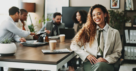 Collaboration, portrait and smile of business woman in boardroom with colleagues for planning....