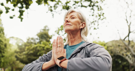 Hands, meditation and mature woman in park for outdoor peace, calm and spiritual healing. Namaste, mindfulness and low angle of senior person in nature, wellness and healthy mindset in retirementの写真素材