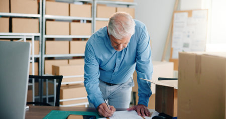 Boxes, logistics and writing with business man in office for delivery or distribution planning....