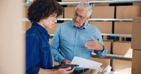 People, explain and tablet with boxes for distribution industry, inspection and order information of...