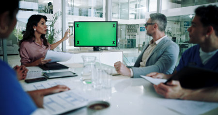 Business people, medical team or meeting with monitor or green screen for presentation or discussion...