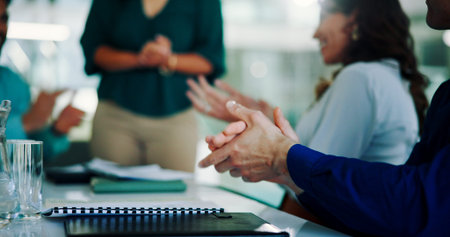Business people, boardroom and applause for success in meeting, event and conference for training....