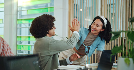 Campus, smile and students with high five for education, english project or studying in...