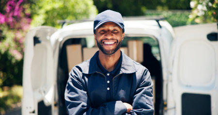 Courier, delivery man and portrait with arms crossed outdoor for ecommerce business and supply chain. Logistics, van and black driver in export industry for package distribution and cargo serviceの写真素材