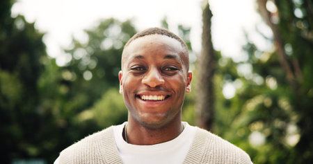Portrait, black man and college student in park on campus for university, opportunity and studying....