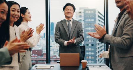 Clapping, boss and people in meeting for success, achievement or promotion in boardroom. Happy, teamwork or proud CEO in office for accomplishment, corporate investor and business with deal in Japanの写真素材