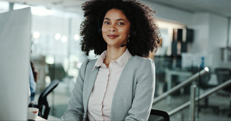 Call center, computer and portrait with woman in support office for customer service. Contact us, consulting or feedback and happy person with headset in workplace for virtual assistance onlineの写真素材