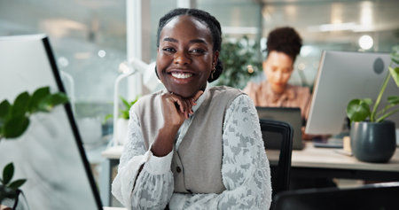Business woman, portrait and computer with pride, smile and confidence for internship as accountant. Female person, night and office in finance agency, banking and investment opportunity for payrollの写真素材