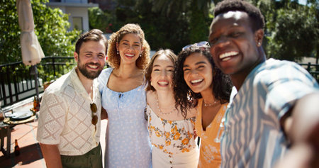 People, selfie and outdoor with friends for party, reunion and bonding memories for social gathering. Smile, hug and new years event for holiday, birthday celebration and excited for summer vacationの写真素材