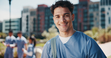 Doctor portrait, medicine and man outdoor for health training program, healthcare study or hospital residency. Medical school, student or happy with backpack on campus for education or nursing careerの写真素材