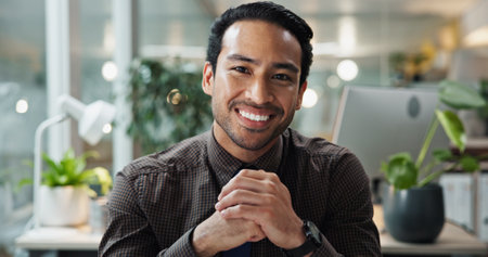 Businessman, portrait and night with smile, pride and confidence for bookkeeping as accountant. Male person, pffice and excited in finance agency, banking or investment opportunity for payroll in jobの写真素材