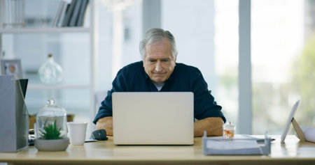 Mature man, laptop and website with entrepreneur, remote work and professional planning with...