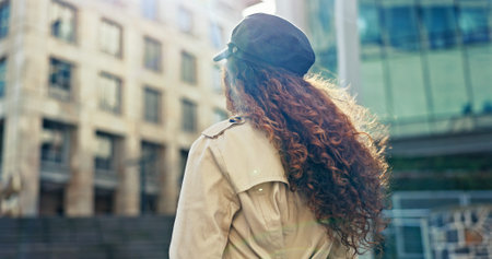 Outdoor, business and woman with commuting in city to workplace for job opportunity. Back view,...