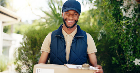 Happy, black man and portrait with box for delivery, online shopping order or courier service at home. African, male person or driver with smile or parcel for logistics, transportation or ecommerceの写真素材