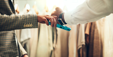 Shopping, card machine and customer with watch for payment in store for bargain, sale and purchase. Retail, fashion and hands of person in boutique, mall and market for products, clothing and POSの写真素材