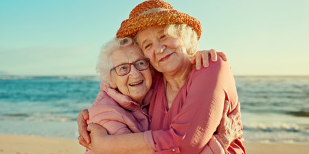 Hug, friends and care with old women at beach for bonding, retirement and happiness. Summer vacation, travel trip and adventure with senior people in outdoors for carefree, paradise and healthの写真素材