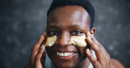 Eye patch, cosmetics and portrait of black man for skincare, spa treatment and facial. Dermatology,...