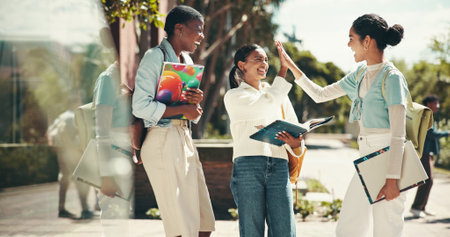 Student, friends and celebration with high five at college for application success, exam motivation and good news. Support, excited people and books on campus for assignment grade or test achievementの写真素材