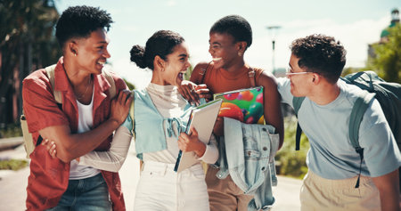 University student, people and laughing together on campus for funny joke, conversation and bonding. Education, group and friends at college for learning break, gossip story and study support outdoorの写真素材