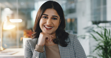 Office, night and woman in portrait for business, corporate law firm and proud lawyer with confidence. Working late, female person and attorney with smile for occupation, justice and professional jobの写真素材