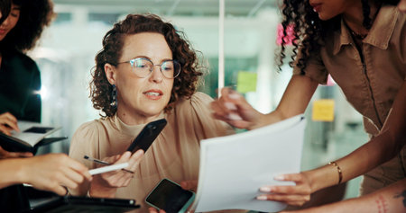 Time management, documents and multitasking with business woman for deadline, meeting and paperwork....