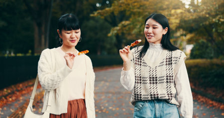 Park, asian women and happy with candy, travel and snack for friends with dango, students and road. Outdoor, commuting and sweets for celebration of reunion, smile and sharing of food in Japanの写真素材