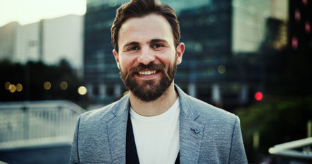 Corporate, happy and portrait of business man in city for consultant, asset management and investor. Private equity associate, venture capitalist and professional employee with person in New York.の写真素材