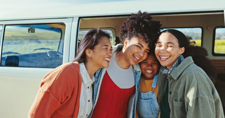 Friends, road trip and child with women, laugh and car for journey and countryside travel. Group, portrait and bonding for summer adventure, holiday break and outdoor vacation with happiness and vanの写真素材