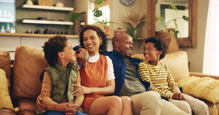 Family, happy and hug on sofa with love, comfort and relax on weekend in home. African parents,...