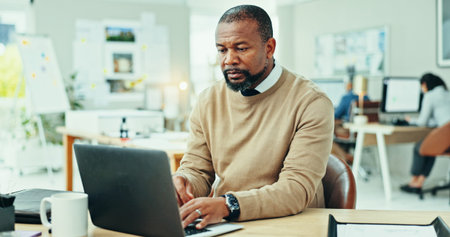 Mature, laptop and businessman in office for research online for real estate opportunity or listing...