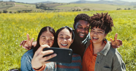 Peace sign, selfie and smile with friends in field together for outdoor holiday, travel or vacation. Emoji, hand gesture and social media with group of happy people in nature for profile pictureの写真素材