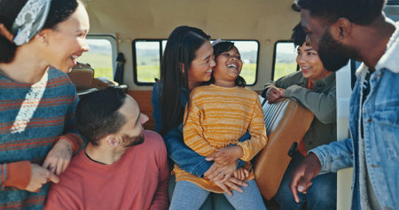 Happy, road trip and van with friends, family and love for fun journey and countryside travel. Relax, bonding and child laughing for adventure, holiday break and vacation with car vehicle transportの写真素材