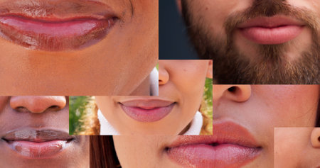 Collage, lips and difference with people in diversity for community, inclusion or global awareness. Closeup, mosaic or mouth montage of group with humanity for social ethnicity, race or human varietyの写真素材