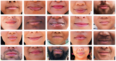 Collage, lips and difference with humanity in diversity for community, inclusion or global awareness. Closeup, mosaic or mouth montage of group with frame for social ethnicity, race or human varietyの写真素材