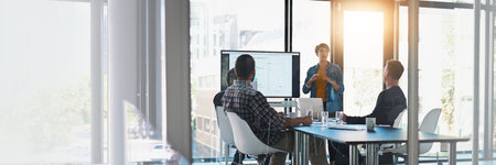 People, presentation and screen in office for business, B2B meeting and company collaboration in...