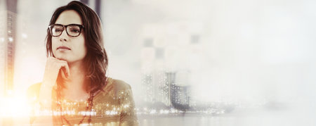 Double exposure, thinking and business woman with idea, brainstorming and career insights. City overlay, corporate banner and person with solution for company future, b2b development and opportunityの写真素材