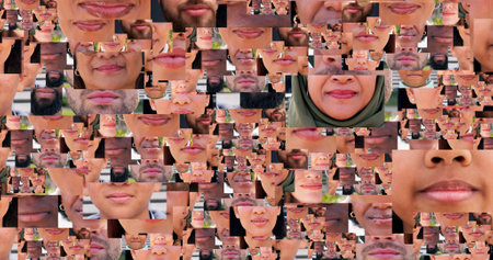 Mouth, people and collage for diversity with unity, solidarity and inclusivity with composite. Men, women and lips of city citizens with voice or confidence on facial expressions or social networkingの写真素材