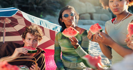 People, friends and picnic with watermelon at beach, happy and conversation with reunion on vacation. Group, women and men with fruit, sharing and eating together with diversity by ocean in sunshineの写真素材