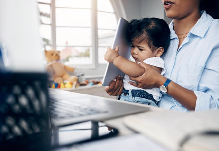 Mother, baby and multitasking with laptop for remote work, freelance and life balance in home. Brand consultant, child care and juggling task with time management, responsibility and tablet for appの写真素材