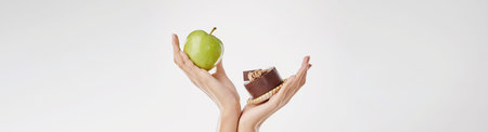 Person, hands and apple with chocolate dessert for diet choice, decision or option on a white studio background. Banner, closeup or model with organic fruit or cacao cake for balance on mockup spaceの写真素材