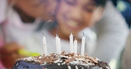 Birthday cake, celebration and candles for child and after wish or surprise with family at home....